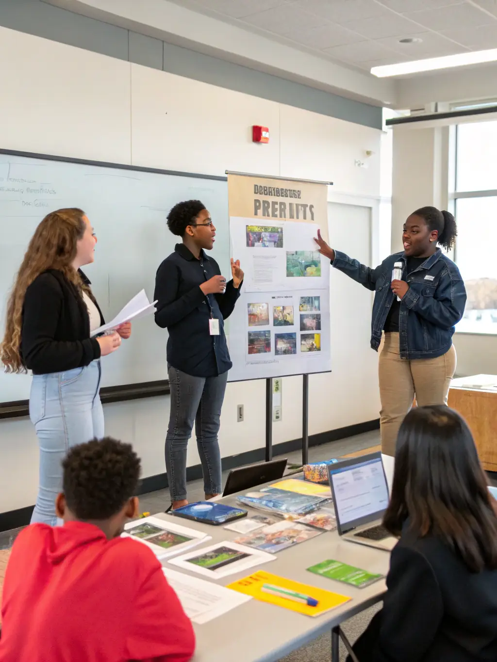 Students participating in a debate, showcasing their communication and critical thinking skills. The setting is a well-furnished hall with an audience.
