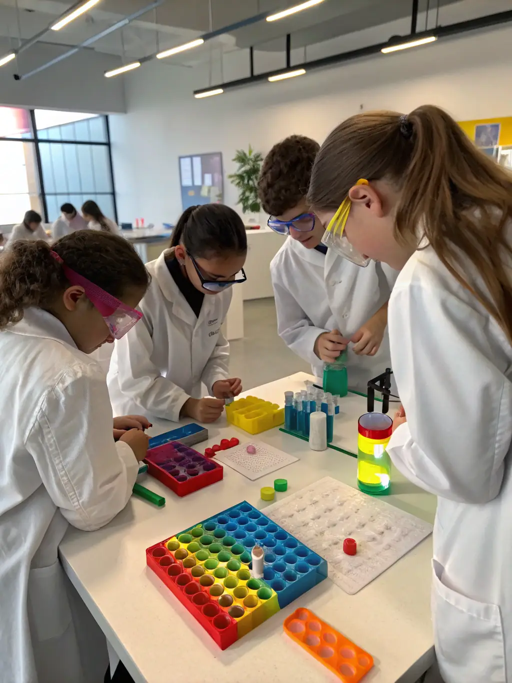 A diverse group of students working together on a science project in a laboratory. The lab is filled with equipment and materials, indicating hands-on learning.