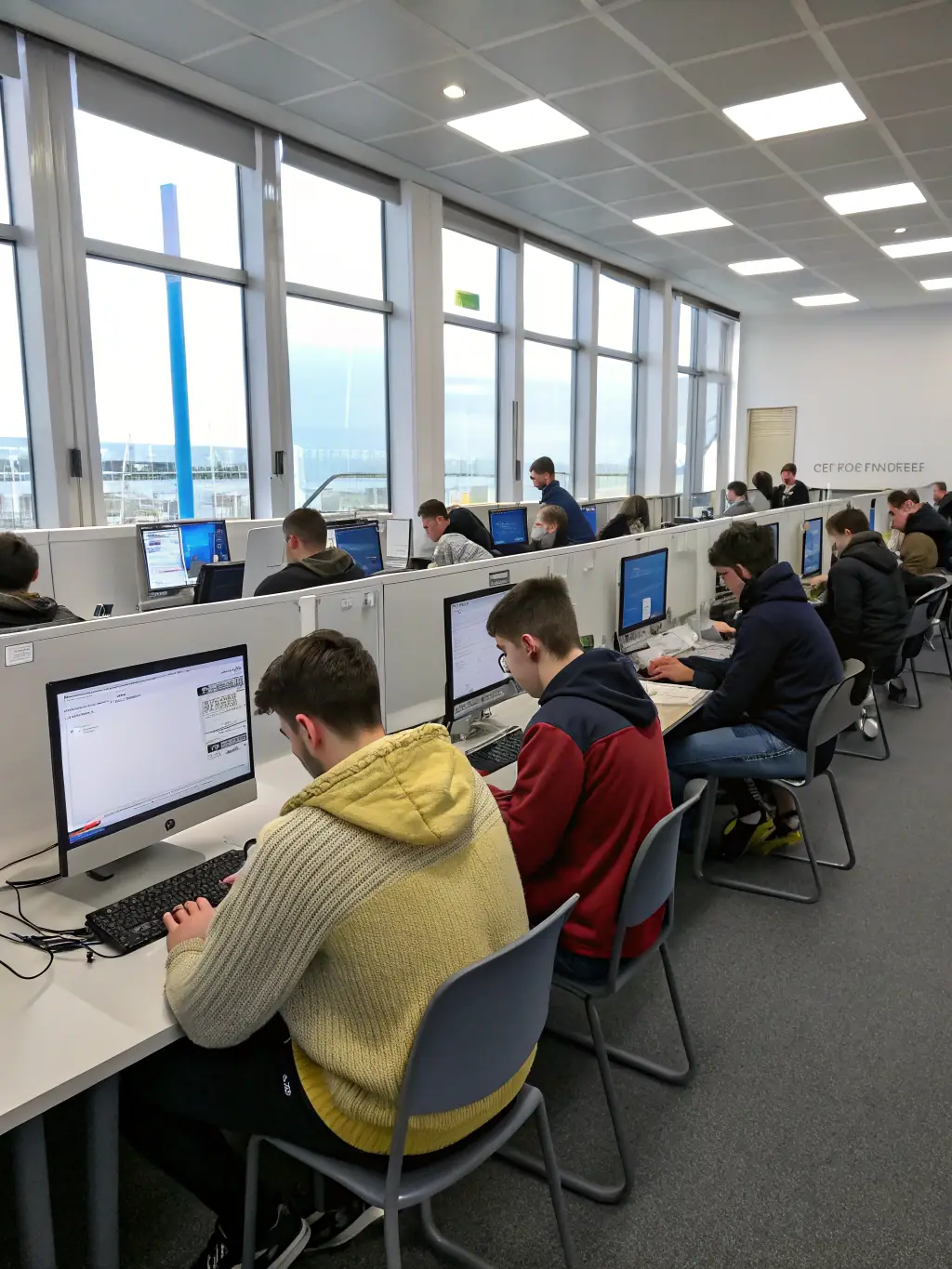 A group of students in a computer lab, focused on their screens, with a teacher assisting one of them. The lab is modern and well-equipped, showcasing the school's commitment to technology.