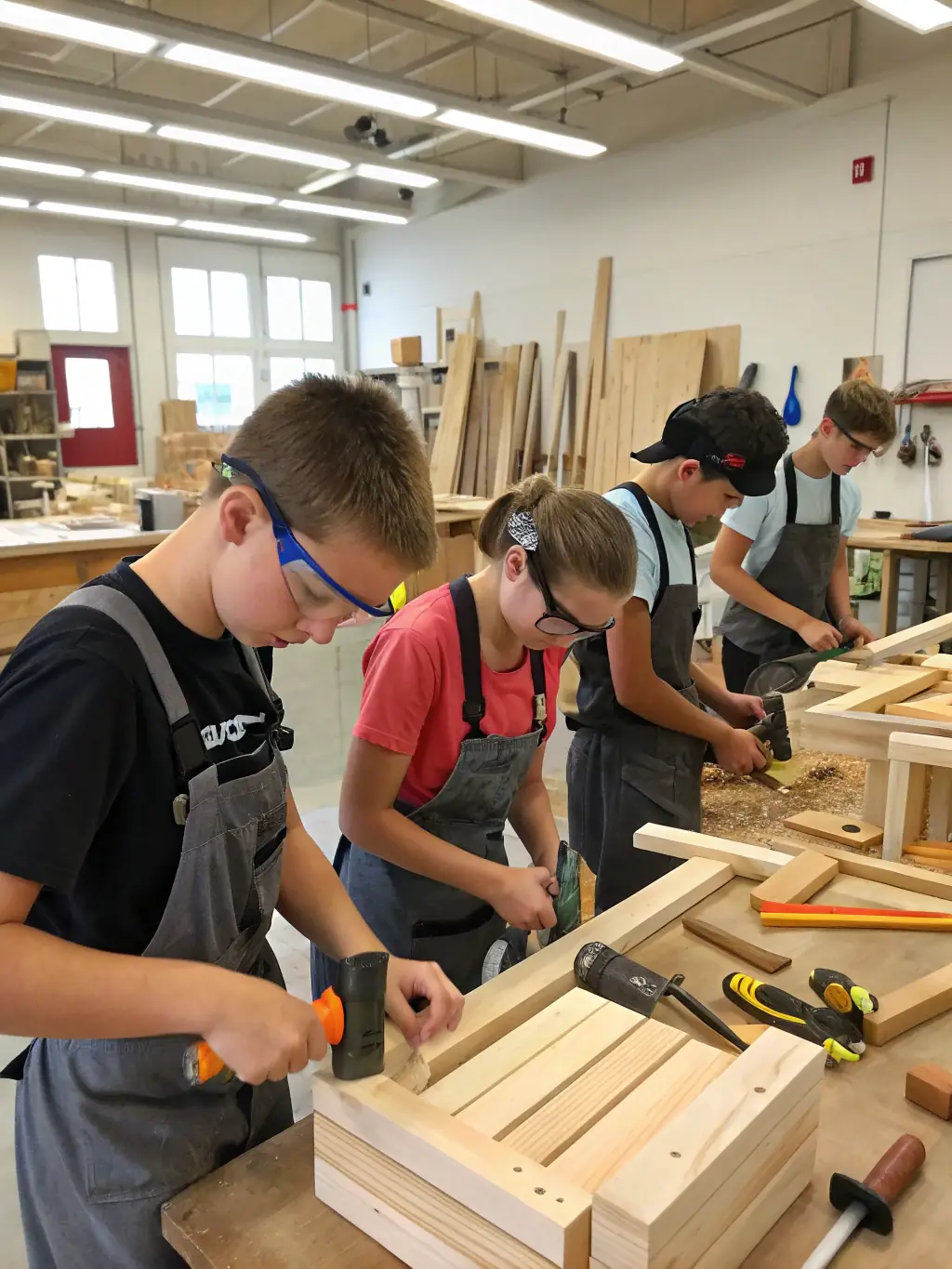Students engaged in a technical workshop at Chinhoyi High School, working on engineering projects and learning practical skills. The workshop is equipped with modern tools and equipment.